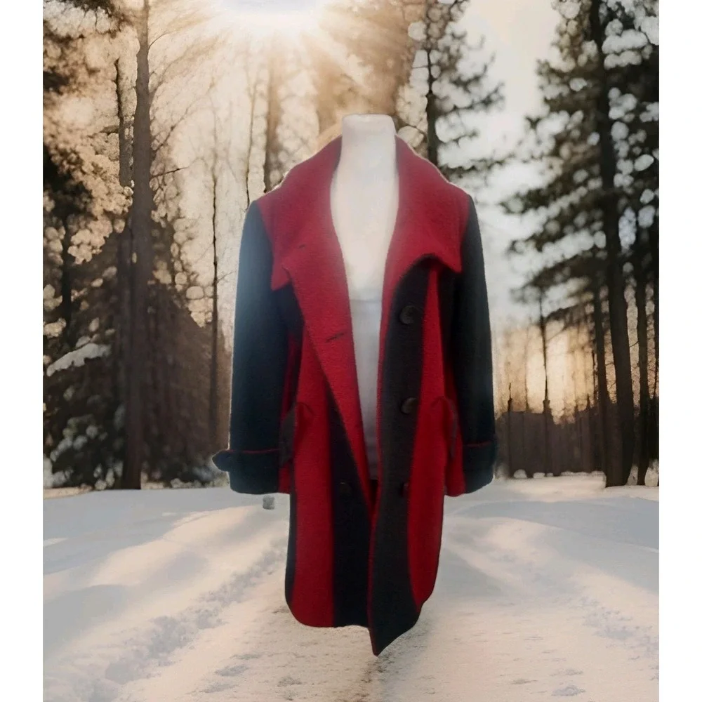 Mark Reed Red Black Statement Wool Trench Dress Jacket Size 12P Lined Old Money